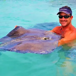 Captain gently holding manta ray in the water